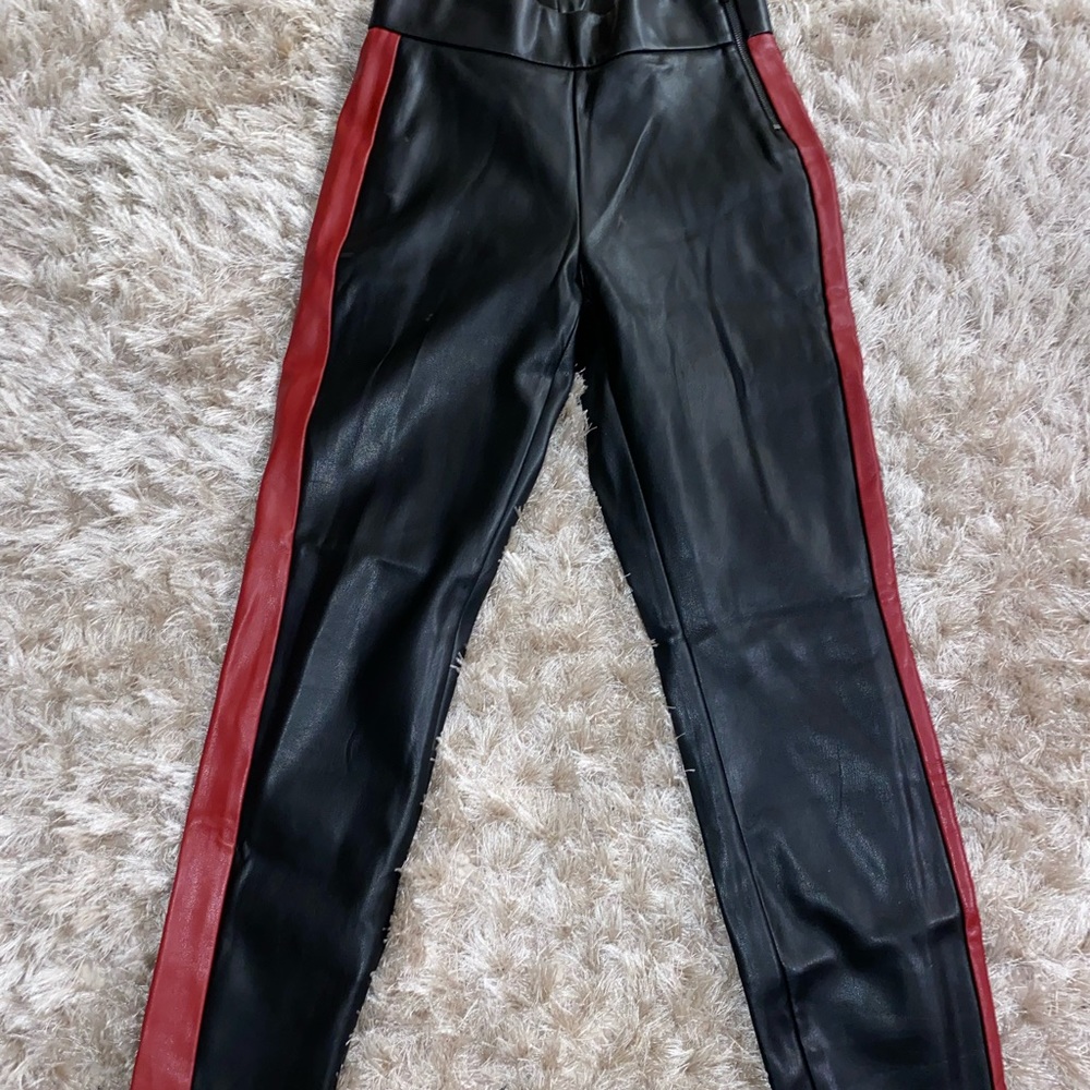 Zara Faux Leather Leggings Black/Red -Size M